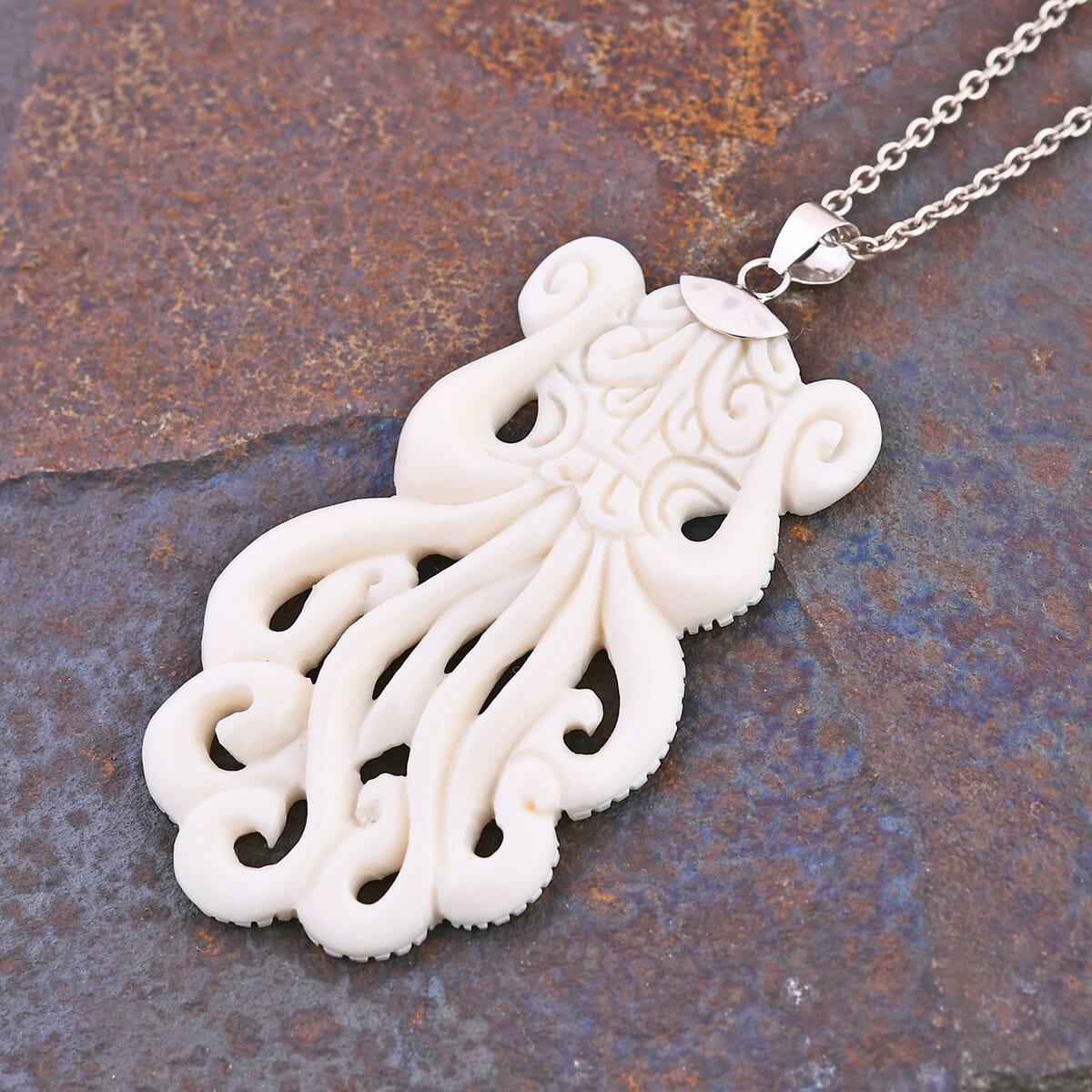 Carved Bone Octopus Pendant without Chain in Sterling Silver image number 1