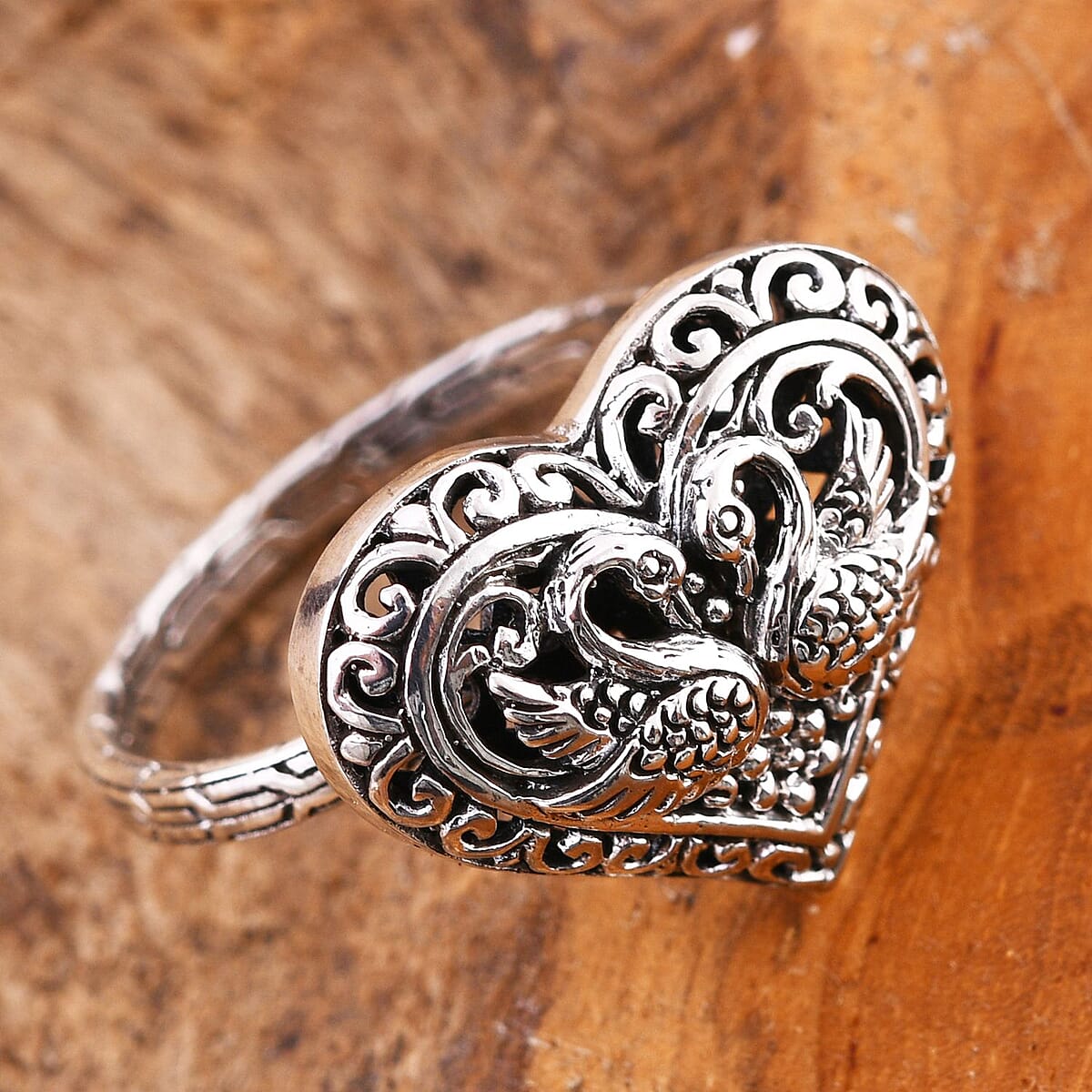 Bali Legacy Sterling Silver Double Swan Heart Ring (Size 10.0) 5.40 Grams image number 1