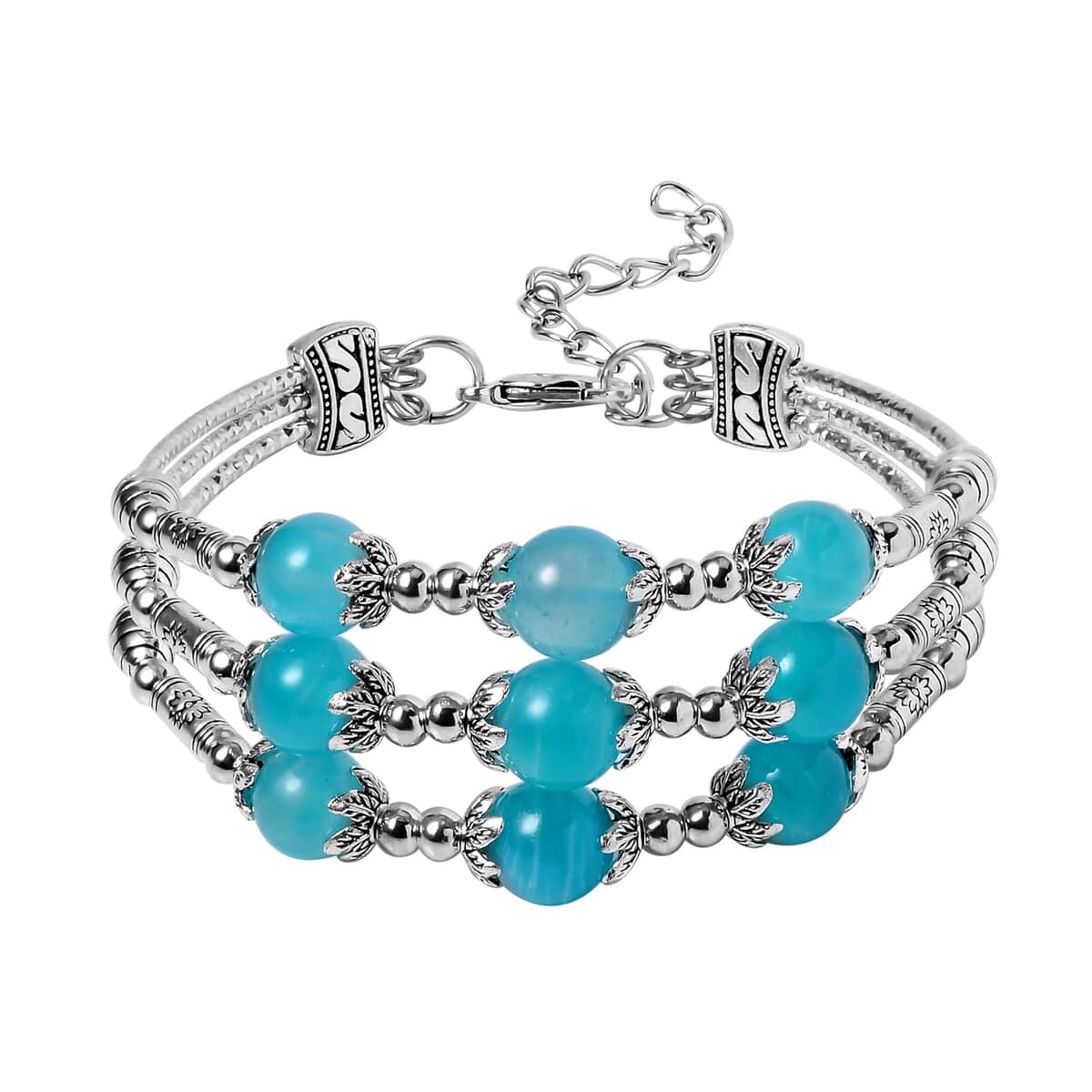 Amazonite 3 Row Station Bracelet in Silvertone (7-9In) 68.50 ctw image number 0