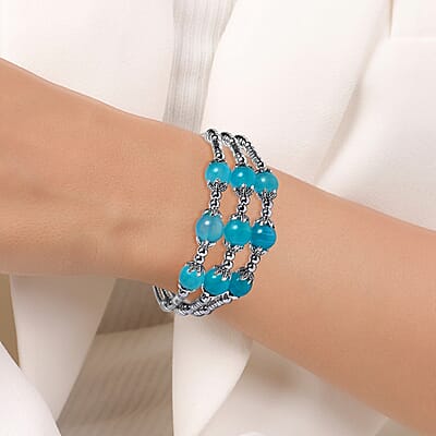 Amazonite 68.50 ctw 3 Row Station Bracelet in Silvertone (7-9In)