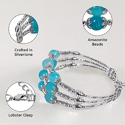 Amazonite 68.50 ctw 3 Row Station Bracelet in Silvertone (7-9In)