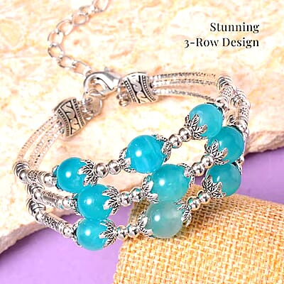 Amazonite 68.50 ctw 3 Row Station Bracelet in Silvertone (7-9In)