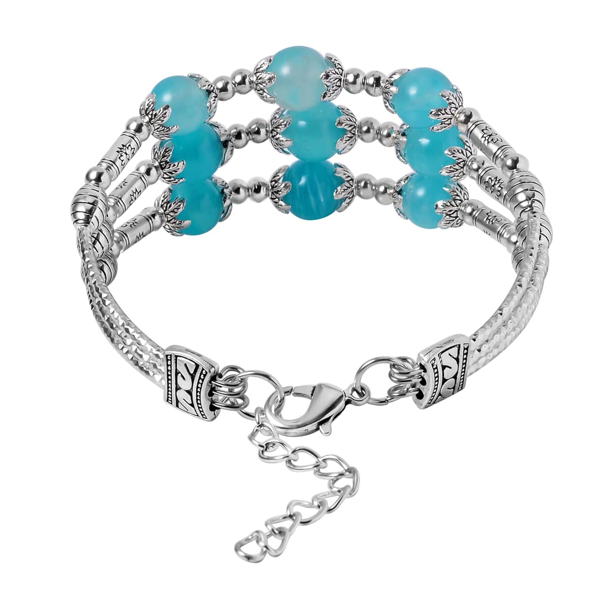 Amazonite 3 Row Station Bracelet in Silvertone (7-9In) 68.50 ctw image number 3