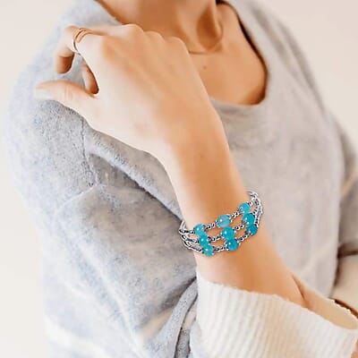 Amazonite 68.50 ctw 3 Row Station Bracelet in Silvertone (7-9In)