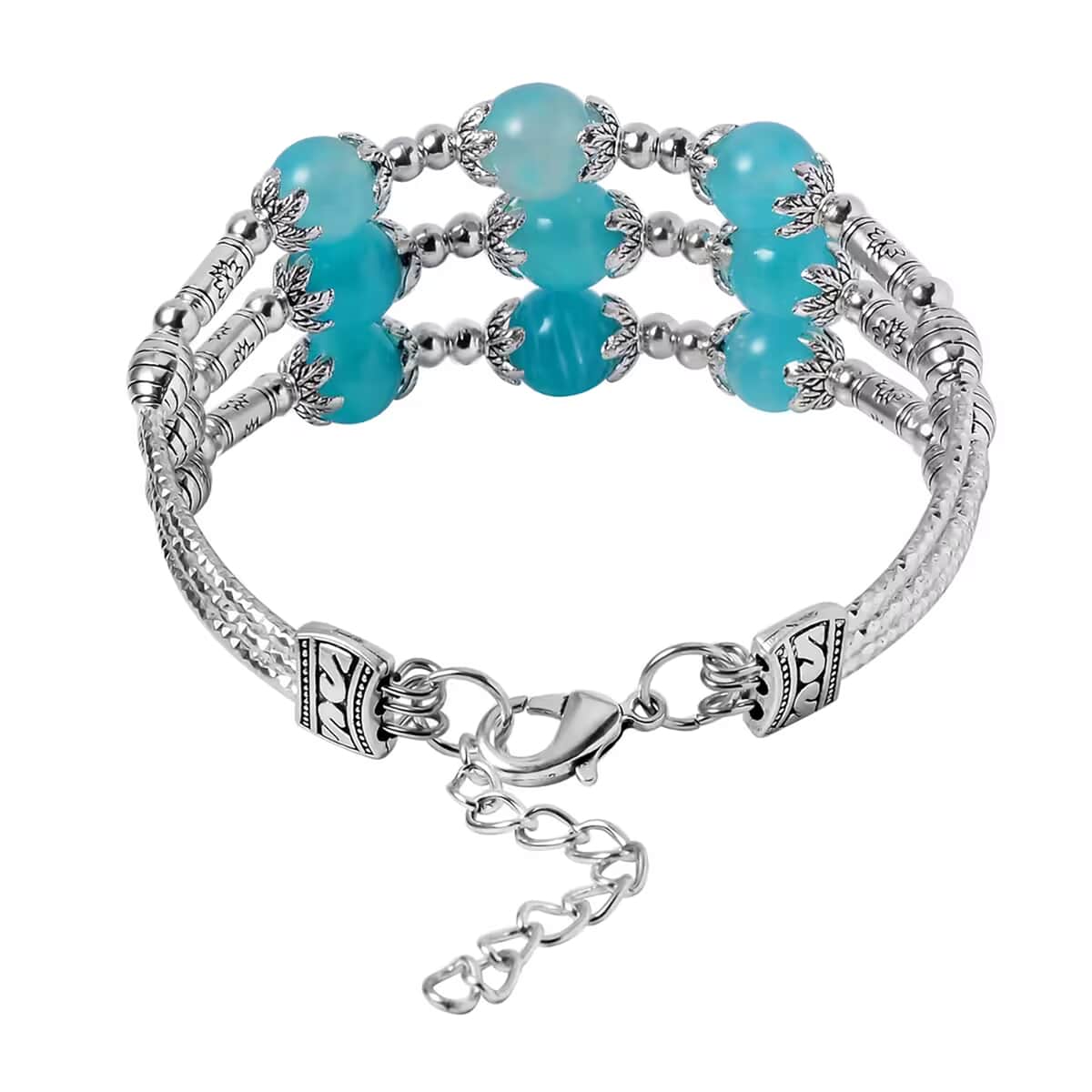 Amazonite 68.50 ctw 3 Row Station Bracelet in Silvertone (7-9In) image number 7