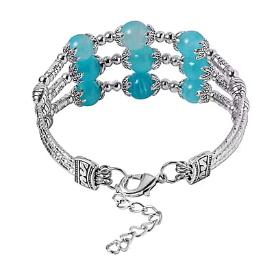 Amazonite 68.50 ctw 3 Row Station Bracelet in Silvertone (7-9In)