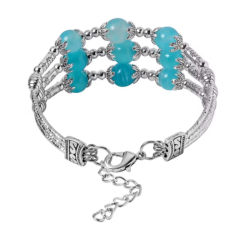 Amazonite 68.50 ctw 3 Row Station Bracelet in Silvertone (7-9In)