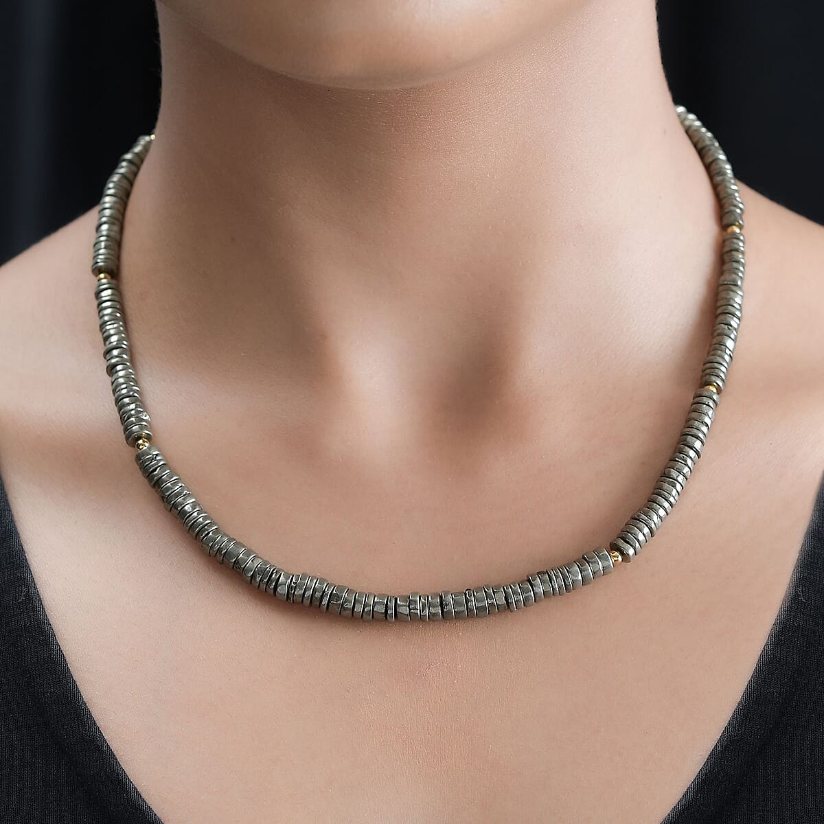 Pyrite Beaded Necklace 18-20 Inches in Vermeil Yellow Gold Over Sterling Silver 200.00 ctw image number 2