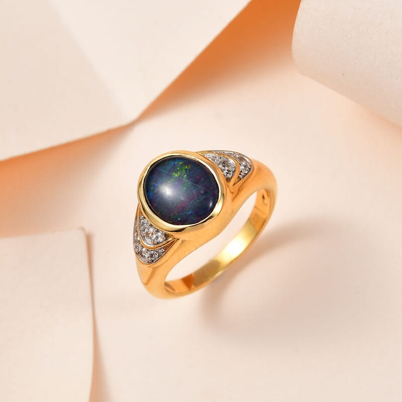 Boulder Opal (Triplet) and White Zircon 2.30 ctw Ring in Vermeil Yellow Gold Over Sterling Silver (Size 11.5) 