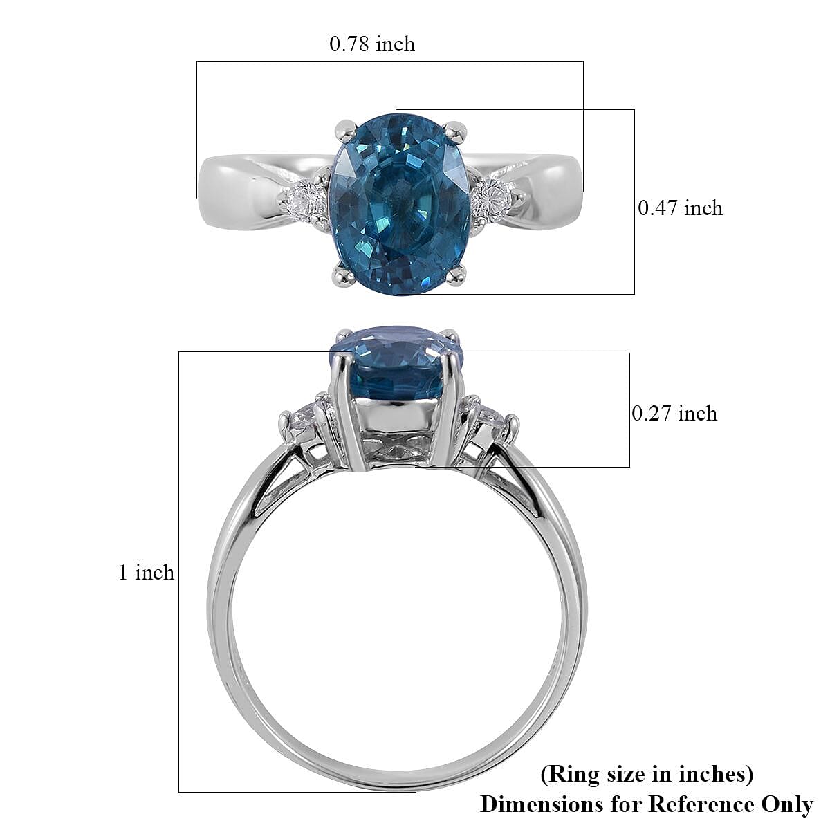 Cambodian Blue Zircon and White Zircon Ring in Platinum Over Sterling Silver (Size 6.0) 3.10 ctw image number 4
