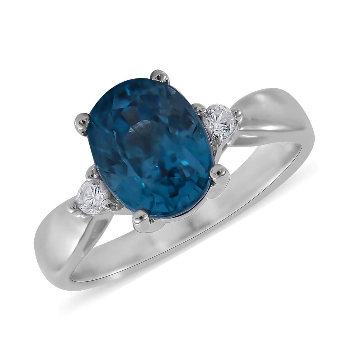 Cambodian Blue Zircon and White Zircon Ring in Platinum Over Sterling Silver (Size 7.0) 3.10 ctw image number 0