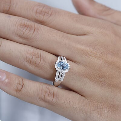 Santa Maria Aquamarine and White Zircon 1.20 ctw Sunburst Ring in Platinum Over Sterling Silver (Size 6.0)