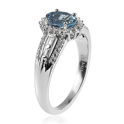Santa Maria Aquamarine and White Zircon 1.20 ctw Sunburst Ring in Platinum Over Sterling Silver (Size 6.0)