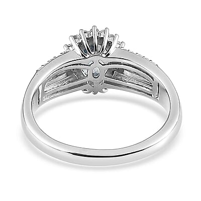 Santa Maria Aquamarine and White Zircon 1.20 ctw Sunburst Ring in Platinum Over Sterling Silver (Size 6.0)