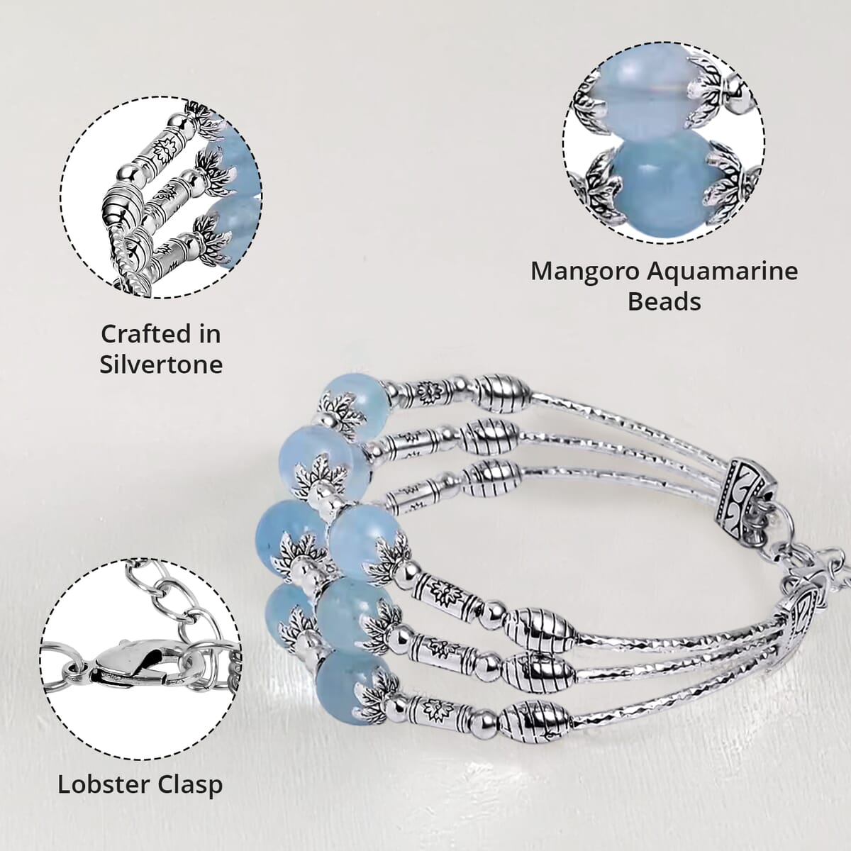 Mangoro Aquamarine 3 Row Station Bracelet in Silvertone (7-9In) 68.50 ctw image number 2