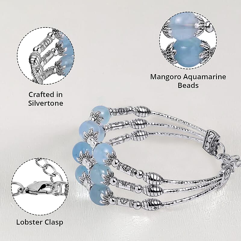 Mangoro Aquamarine 3 Row Station Bracelet in Silvertone (7-9In) 68.50 ctw