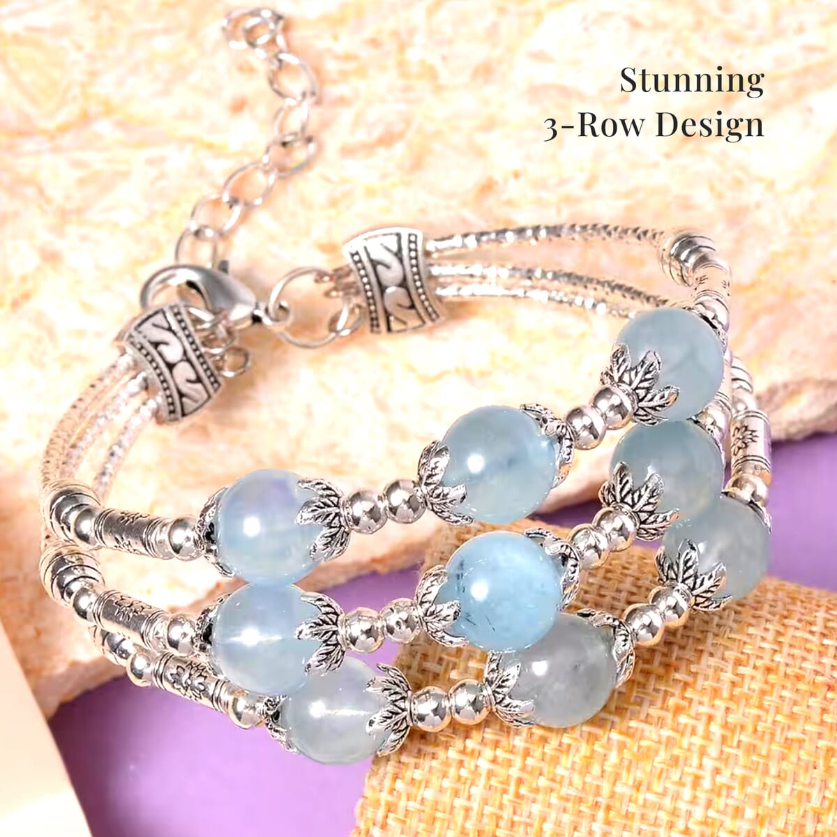 Mangoro Aquamarine 3 Row Station Bracelet in Silvertone (7-9In) 68.50 ctw image number 3