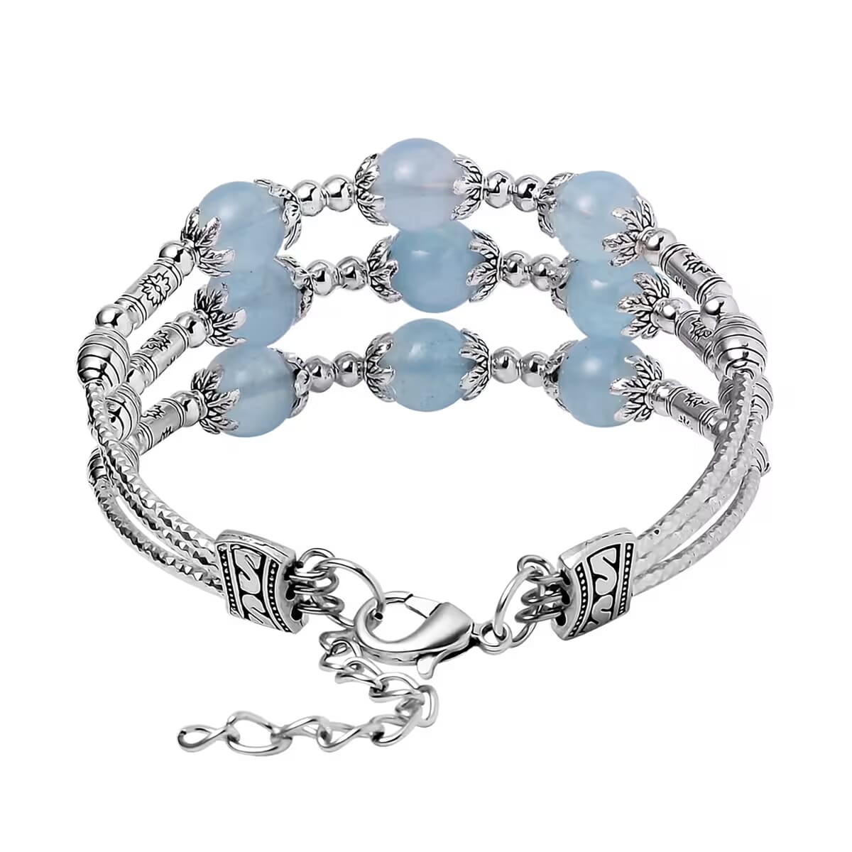 Mangoro Aquamarine 3 Row Station Bracelet in Silvertone (7-9In) 68.50 ctw image number 7