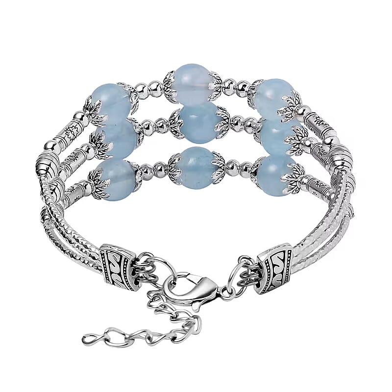 Mangoro Aquamarine 3 Row Station Bracelet in Silvertone (7-9In) 68.50 ctw