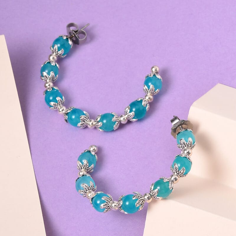 Amazonite Half Hoop Earrings in Silvertone 54.50 ctw