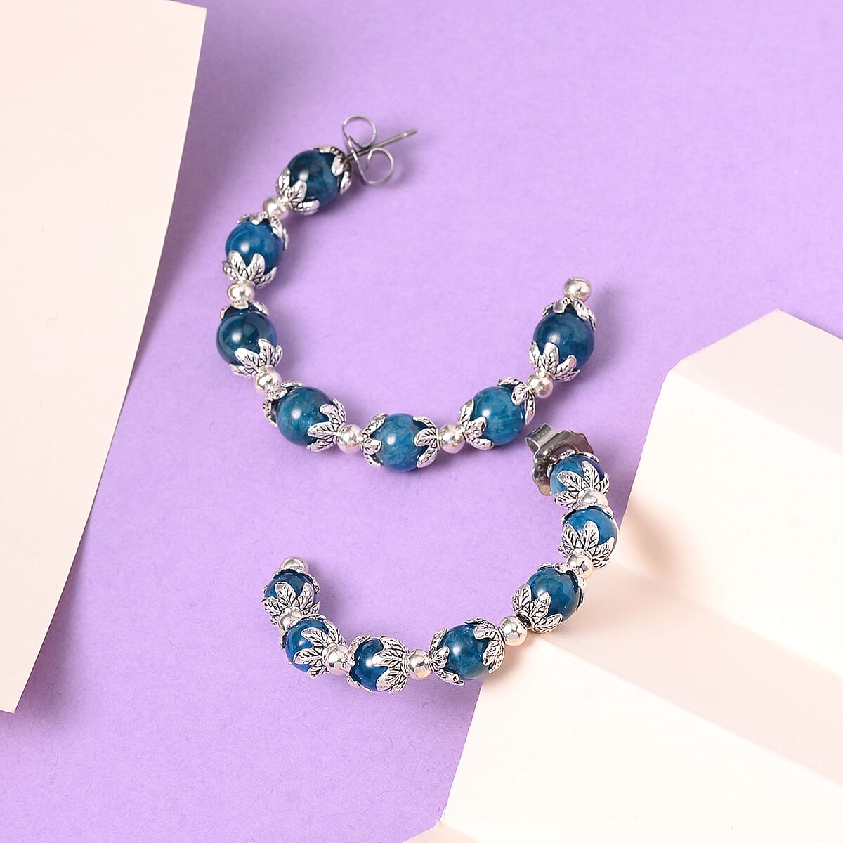 Madagascar Paraiba Apatite Half Hoop Earrings in Silvertone 54.50 ctw image number 1