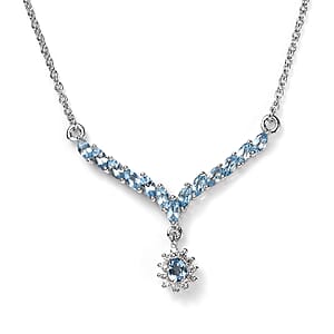 Santa Maria Aquamarine and White Zircon Sunburst Necklace 18 Inches in Platinum Over Sterling Silver 1.30 ctw