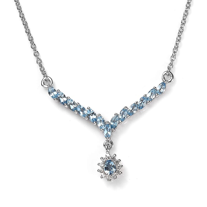Santa Maria Aquamarine and White Zircon Sunburst Necklace 18 Inches in Platinum Over Sterling Silver 1.30 ctw