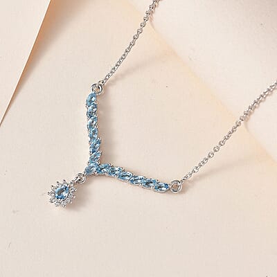 Santa Maria Aquamarine and White Zircon Sunburst Necklace 18 Inches in Platinum Over Sterling Silver 1.30 ctw