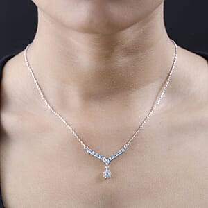 Santa Maria Aquamarine and White Zircon Sunburst Necklace 18 Inches in Platinum Over Sterling Silver 1.30 ctw