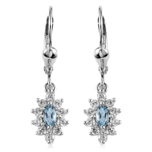 Santa Maria Aquamarine and White Zircon Lever Back Earrings in Platinum Over Sterling Silver 1.00 ctw