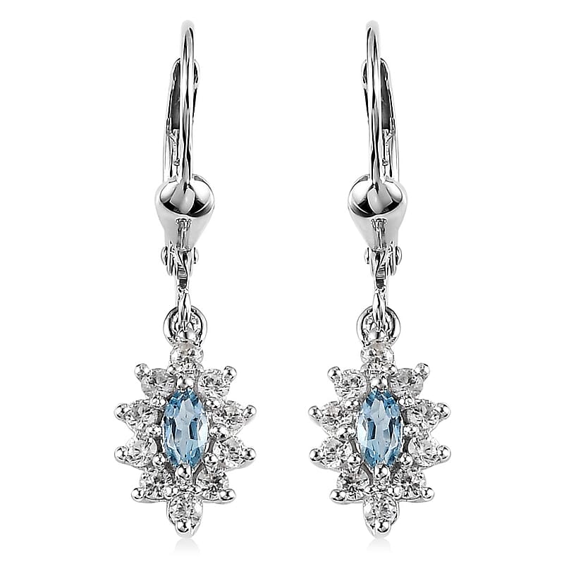Santa Maria Aquamarine and White Zircon Lever Back Earrings in Platinum Over Sterling Silver 1.00 ctw