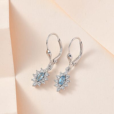 Santa Maria Aquamarine and White Zircon Lever Back Earrings in Platinum Over Sterling Silver 1.00 ctw