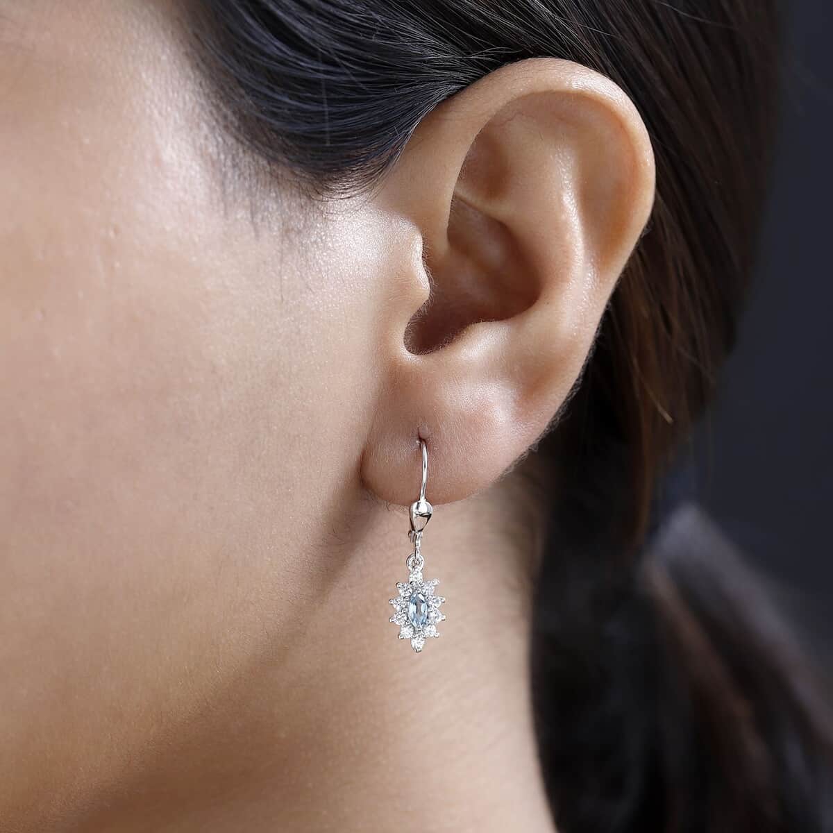 Santa Maria Aquamarine and White Zircon Lever Back Earrings in Platinum Over Sterling Silver 1.00 ctw image number 2
