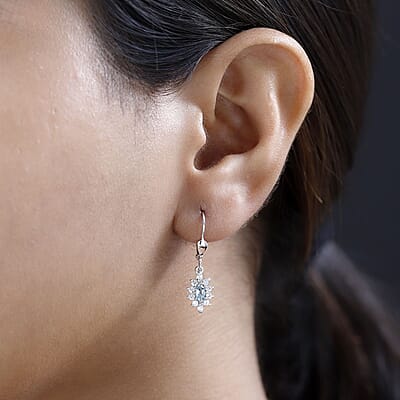 Santa Maria Aquamarine and White Zircon Lever Back Earrings in Platinum Over Sterling Silver 1.00 ctw