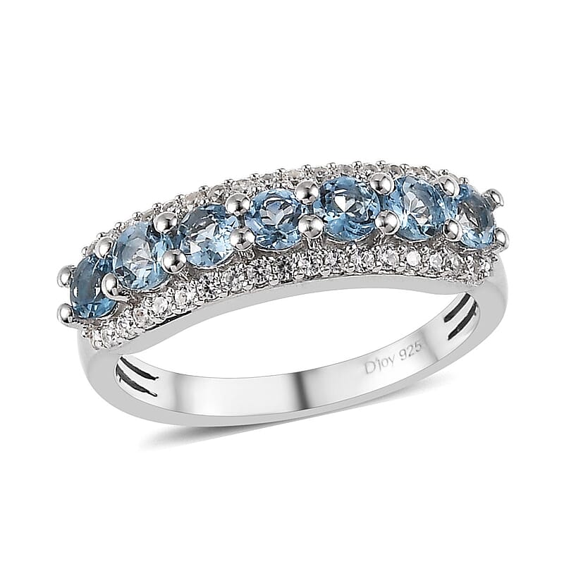 Santa Maria Aquamarine and White Zircon Ring in Platinum Over Sterling Silver (Size 10.0) 1.15 ctw