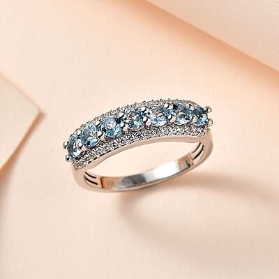 Santa Maria Aquamarine and White Zircon Ring in Platinum Over Sterling Silver (Size 10.0) 1.15 ctw