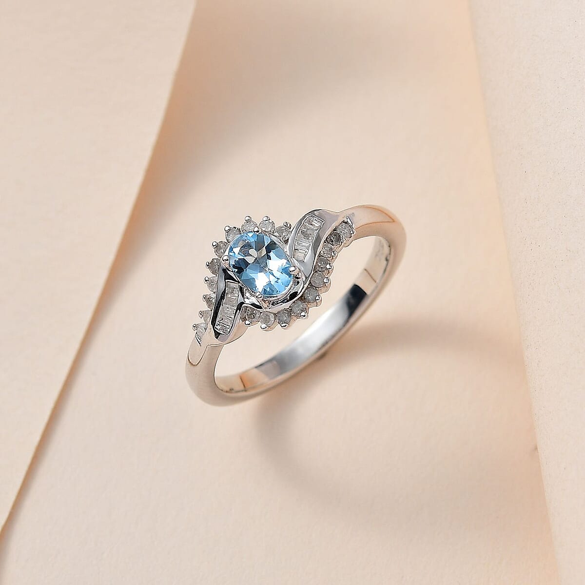 Santa Maria Aquamarine and White Diamond 0.75 ctw Bypass Ring in Platinum Over Sterling Silver (Size 10.0) image number 1