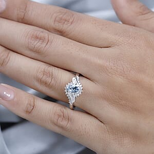 Santa Maria Aquamarine and White Diamond 0.75 ctw Bypass Ring in Platinum Over Sterling Silver (Size 10.0)