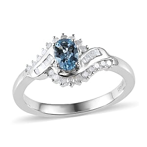 Santa Maria Aquamarine and White Diamond Bypass Ring in Platinum Over Sterling Silver (Size 7.0) 0.75 ctw