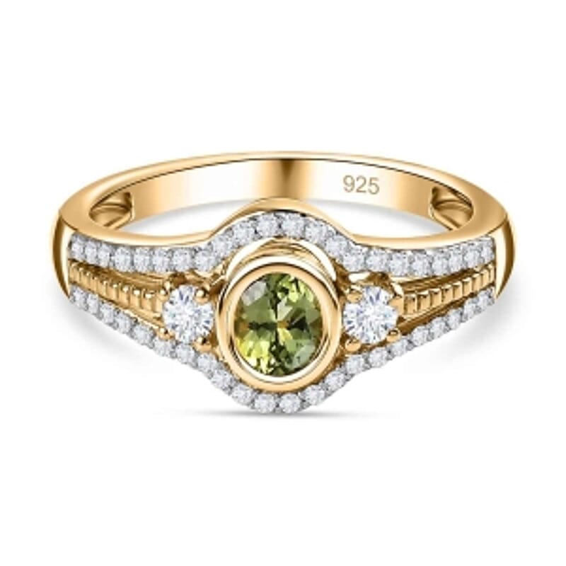 Calabar Tourmaline and White Zircon 1.05 ctw Ring in Vermeil Yellow Gold Over Sterling Silver (Size 11.5)