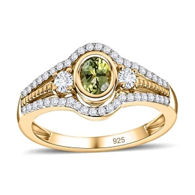 Calabar Tourmaline and White Zircon 1.05 ctw Ring in Vermeil Yellow Gold Over Sterling Silver (Size 11.5)