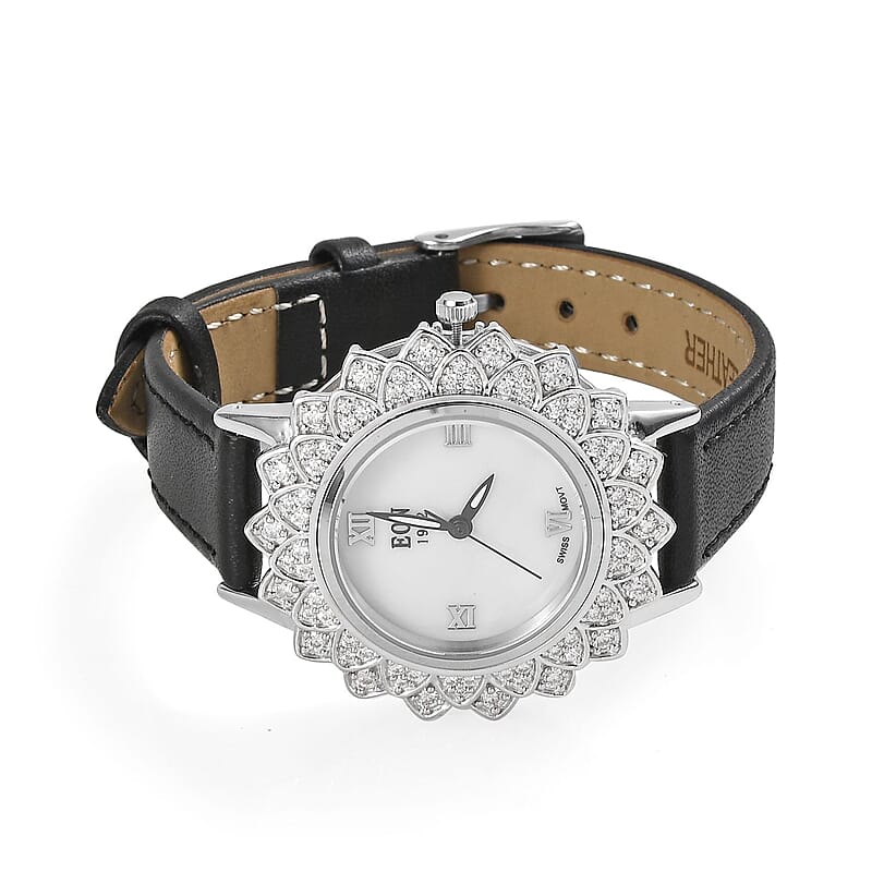 EON 1962 Swiss Movement Moissanite Floral Dial Watch in Sterling Silver with Black Genuine Leather Strap 1.50 ctw