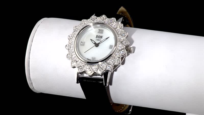 EON 1962 Swiss Movement Moissanite Floral Dial Watch in Sterling Silver with Black Genuine Leather Strap 1.50 ctw