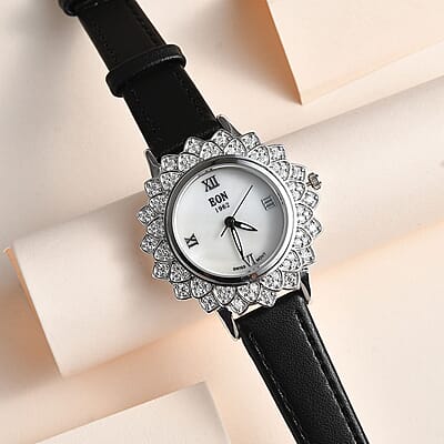 EON 1962 Swiss Movement Moissanite Floral Dial Watch in Sterling Silver with Black Genuine Leather Strap 1.50 ctw