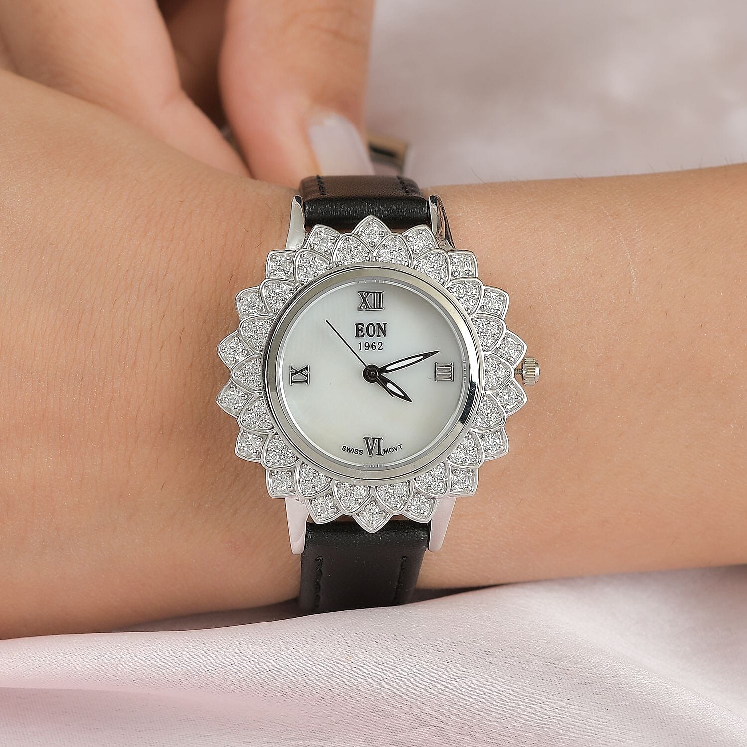 EON 1962 Swiss Movement Moissanite Floral Dial Watch in Sterling Silver with Black Genuine Leather Strap 1.50 ctw