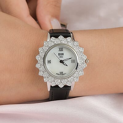 EON 1962 Swiss Movement Moissanite Floral Dial Watch in Sterling Silver with Black Genuine Leather Strap 1.50 ctw