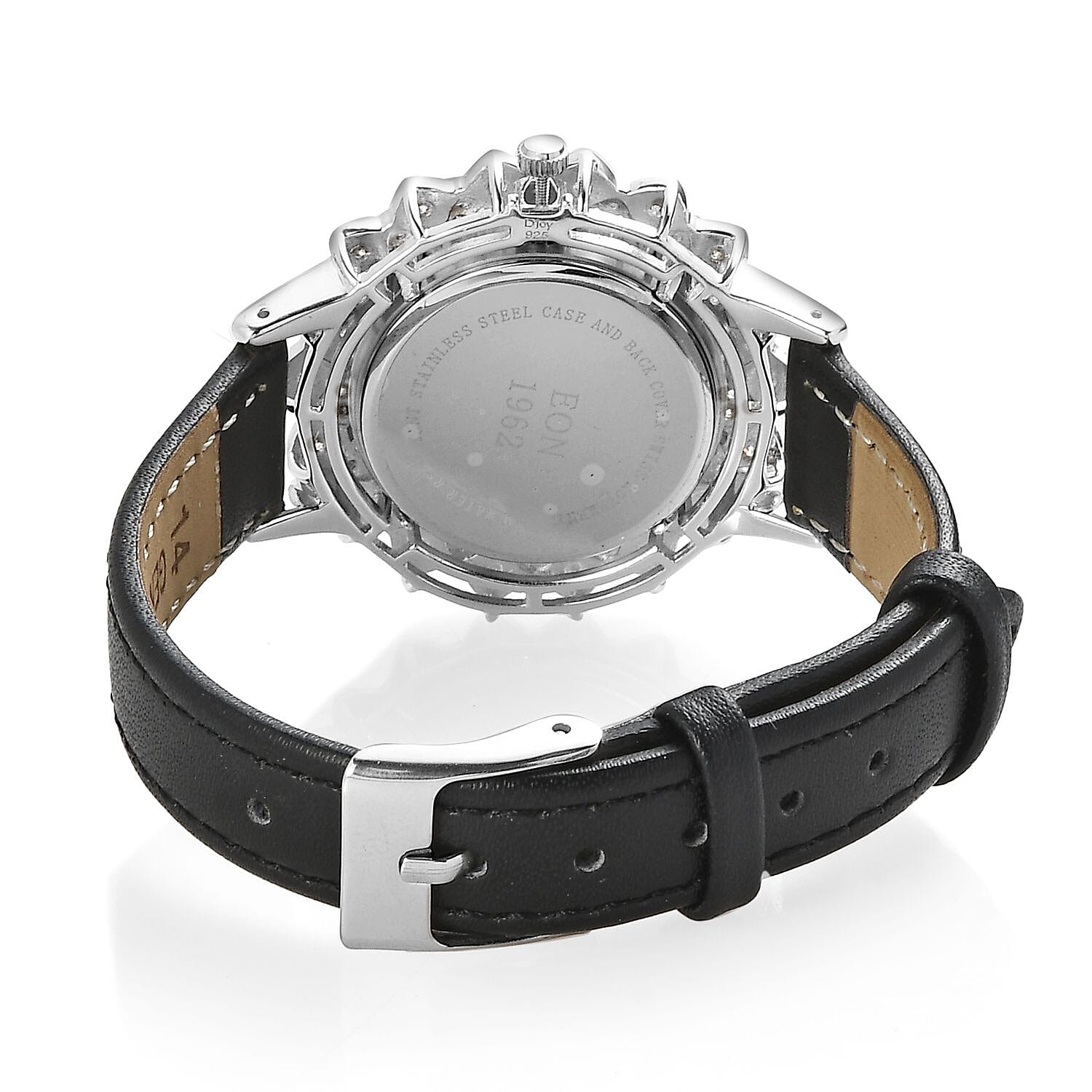 EON 1962 Swiss Movement Moissanite Floral Dial Watch in Sterling Silver with Black Genuine Leather Strap 1.50 ctw