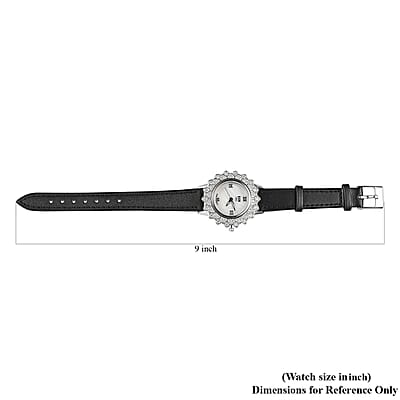 EON 1962 Swiss Movement Moissanite Floral Dial Watch in Sterling Silver with Black Genuine Leather Strap 1.50 ctw