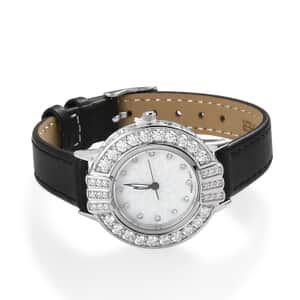 EON 1962 Swiss Movement Moissanite Watch in Sterling Silver with Black Genuine Leather Strap 2.65 ctw