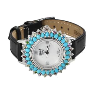 EON 1962 Swiss Movement Premium Sleeping Beauty Turquoise, Multi Gemstone Sunburst Dial Watch in Sterling Silver with Black Genuine Leather Strap 4.65 ctw